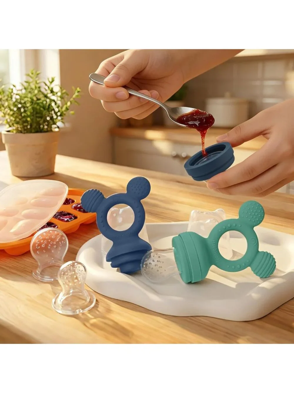Baby Fruit Feeder Set with Freezer Tray & Silicone Pouches, Teething Relief 4